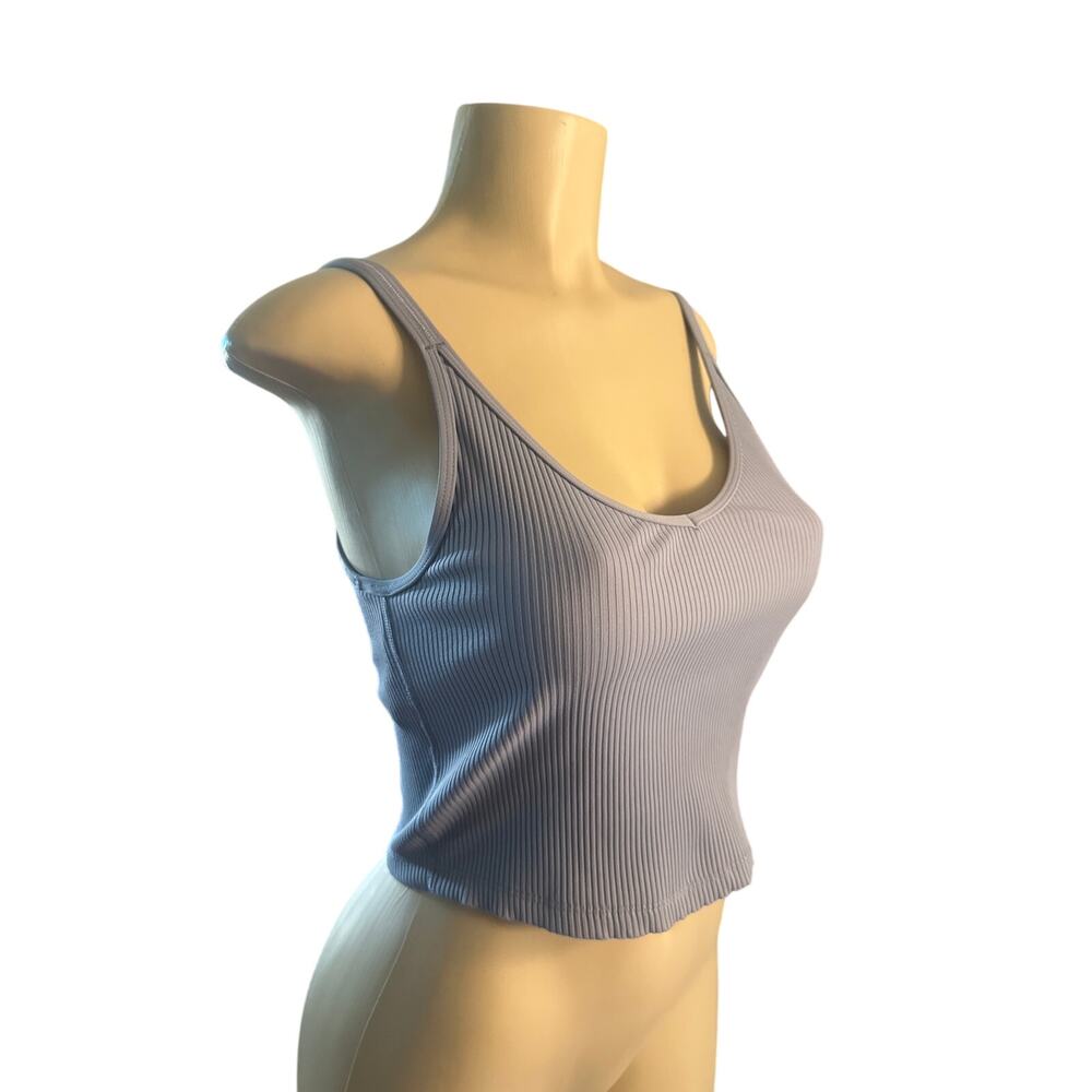 Women M Vuori VW189 Blue Rib Crop Tank Top Built-In Bra Stretch Knit Sports